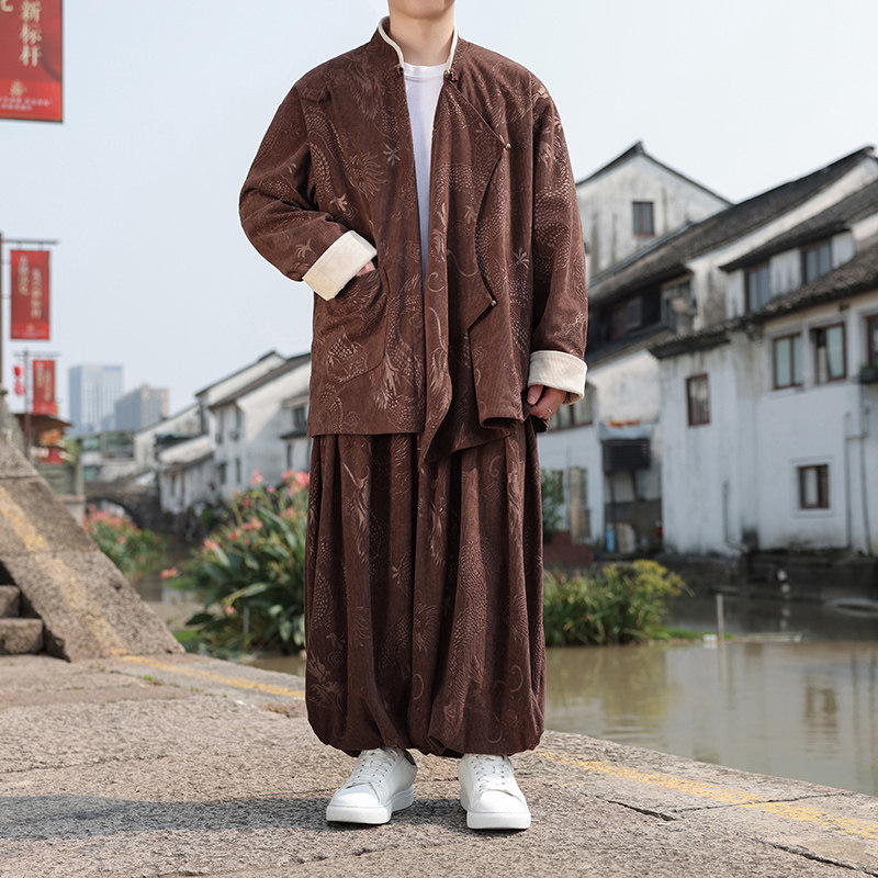 新中式AJ龙纹灯芯绒中山装夹克外套束脚裤套装男TZ132-P173控198,男装夹克,电商A005