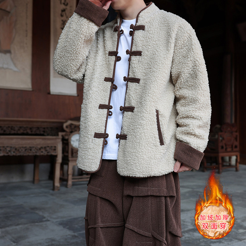 新中式K麦穗羊羔毛加绒加厚双面穿棉服夹克棉衣男JK21-P135控158,男装夹克,电商A005