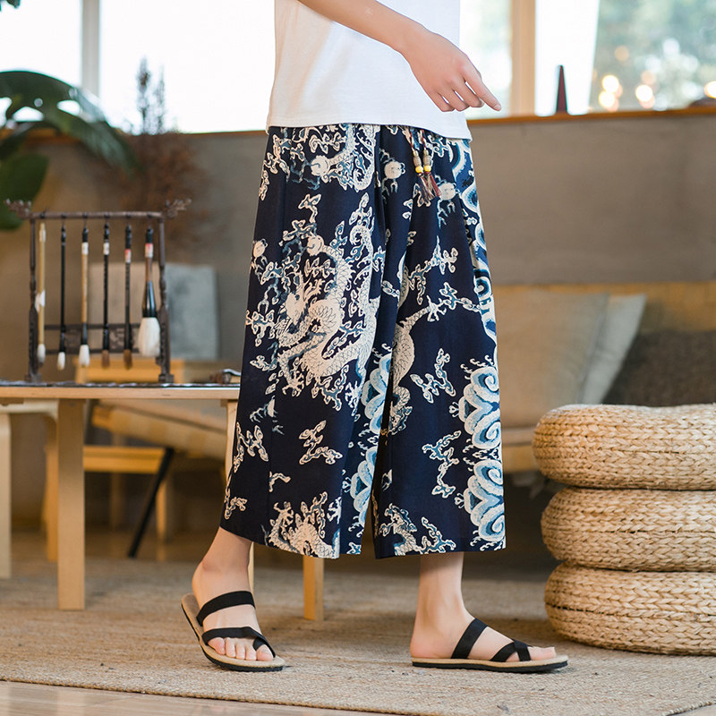 咖啡厅风龙纹亚麻七分裤男宽松萝卜裤民族风花裤子DK32-P45，男装牛仔裤，电商A005