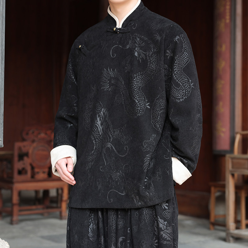 新中式T斜襟盘扣龙纹灯芯绒中山装立领夹克外套男JK20-P105控138,男装夹克,电商A005