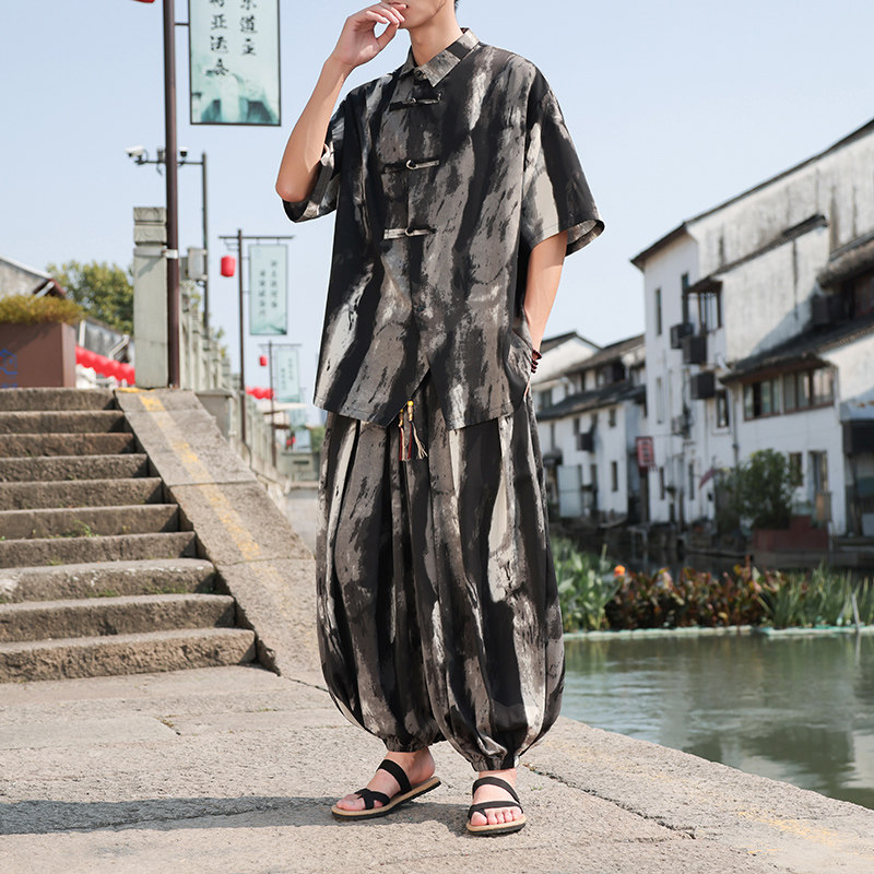 新中式风C冰丝水墨渐变条纹衬衫男阔腿裤男套装TZ65-P133控158,男装衬衫,电商A005