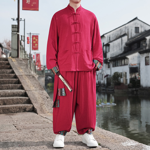 风C盘扣亚麻棉麻衬衫夹克外套大裤裆套装男TZ136-P150控178图片