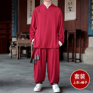 风N斜襟盘扣亚麻棉麻衬衫夹克大裤裆裤套装男TZ151-P173控198图片
