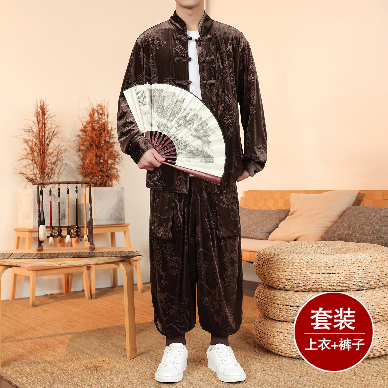 新中式H盘扣龙纹金丝绒外套男哈伦裤飞鼠裤套装男TZ182-P136控158,男装休闲套装,电商A005