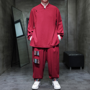 风E斜襟盘扣亚麻棉麻衬衫夹克大裤裆裤套装男TZ151-P173控198