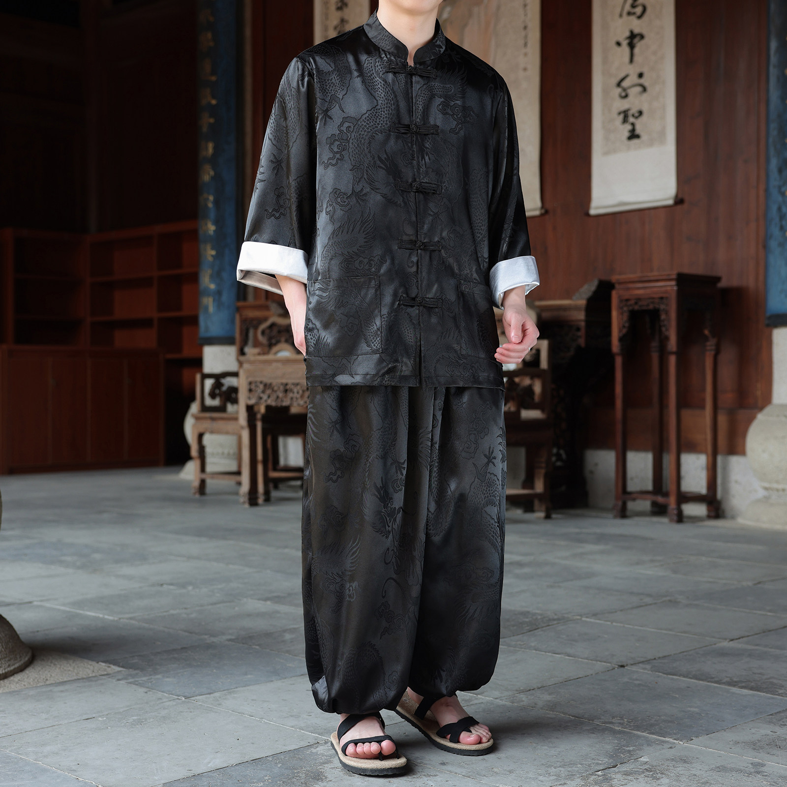风L盘扣暗花龙纹冰丝衬衫萝卜裤套装男TZ159-P120控148,男装休闲套装,电商A005