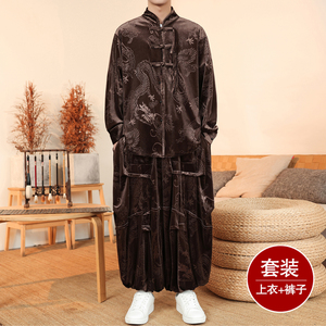 新中式M盘扣龙纹金丝绒衬衫夹克折褶阔腿裤套装男TZ181-P146控168图片