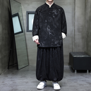 新中式A龙纹灯芯绒中山装夹克外套束脚裤套装男TZ132-P173控198图片