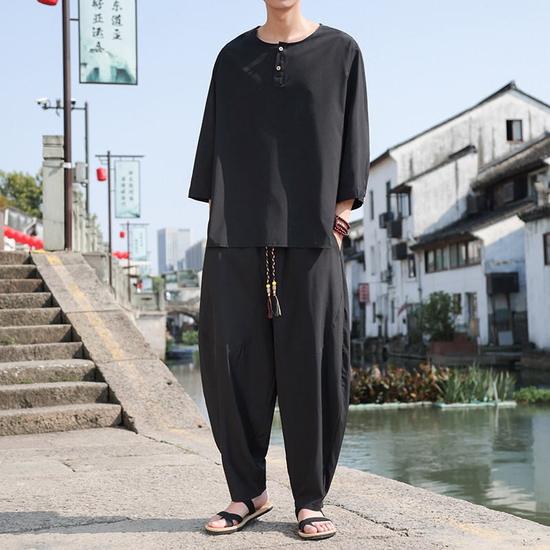 风B纽扣冰丝风古风t恤男T廓形哈伦裤男TZ63-P110控138,男装T恤,电商A005