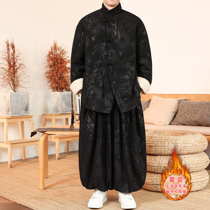 新中式P龙纹灯芯绒羊羔毛夹克棉衣服保暖套装男TZ131-P203控228图片