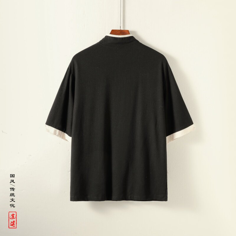 新中式K斜襟盘扣亚麻棉麻中山装立领中袖衬衫外套CS79-P88控108,男装衬衫,电商A005