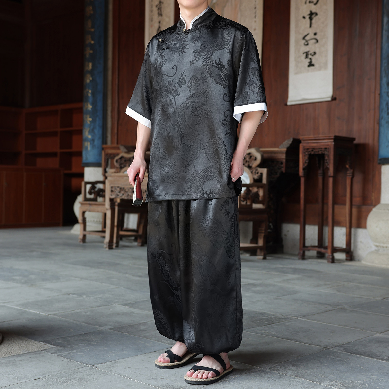 风F盘扣暗花龙纹冰丝中山装衬衫萝卜裤套装男TZ160-P120控148,男装休闲套装,电商A005