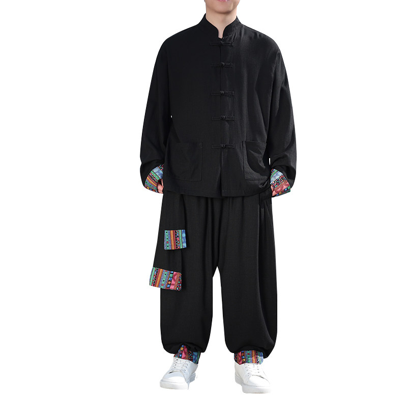 风D盘扣亚麻棉麻衬衫夹克外套大裤裆套装男TZ136-P150控178,男装夹克,电商A005
