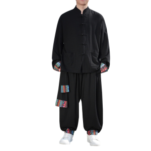 风C盘扣亚麻棉麻衬衫夹克外套大裤裆套装男TZ136-P150控178图片