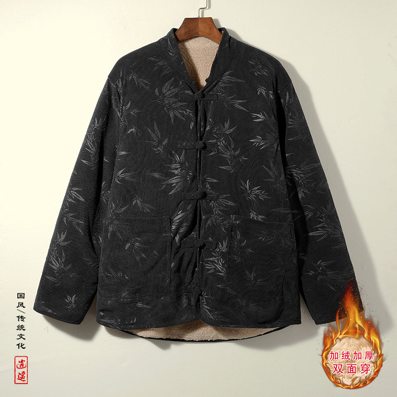 新中式L树叶灯芯绒羊羔毛加绒加厚双面穿棉服夹克JK15-P135控158,男装夹克,电商A005
