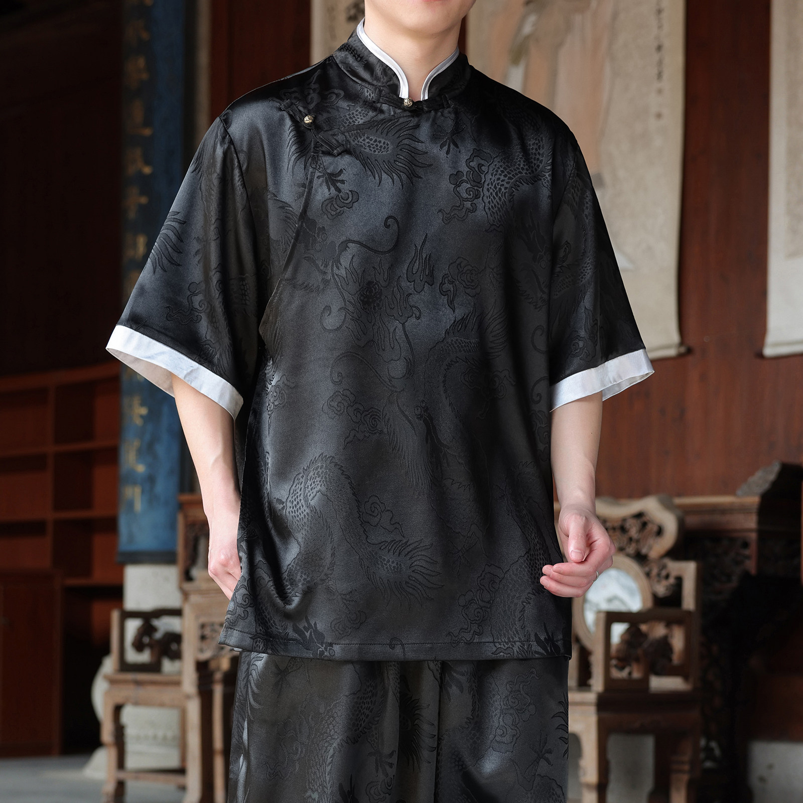 新中式I风斜襟盘扣龙纹冰丝中山装衬衫夹克外套男CS76-P65控78,男装夹克,电商A005