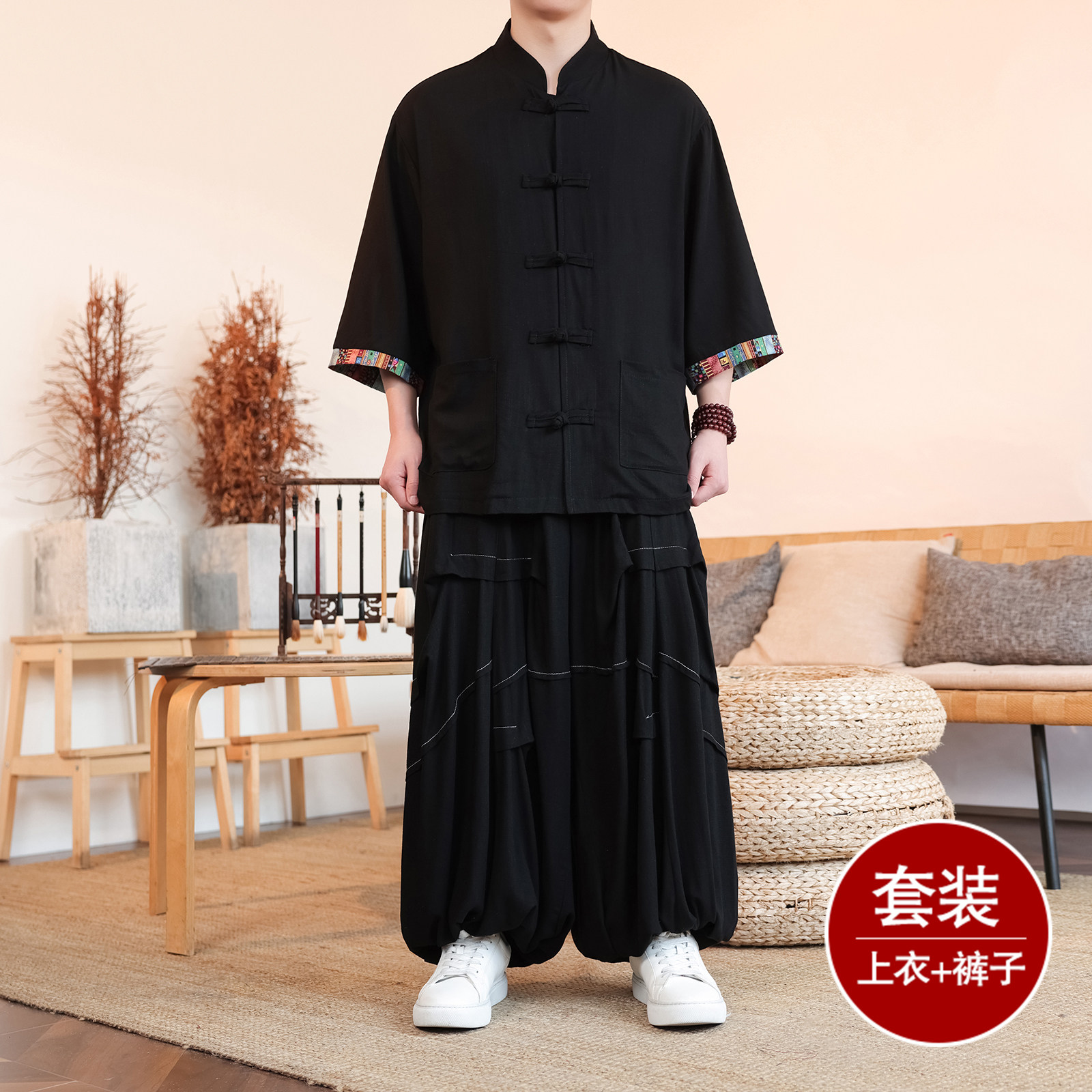 风G拼色棉麻衬衫外套折褶小众阔腿裤套装男TZ169-P153控178,男装休闲套装,电商A005
