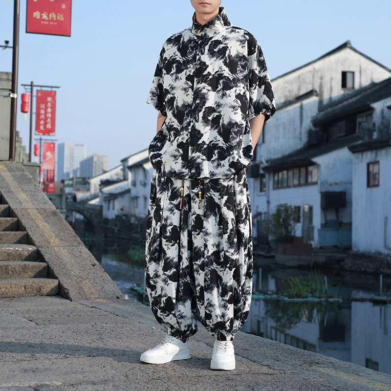 新中式B水墨扎染冰丝金属扣花衬衫男灯笼裤套装TZ71-P143控168图片