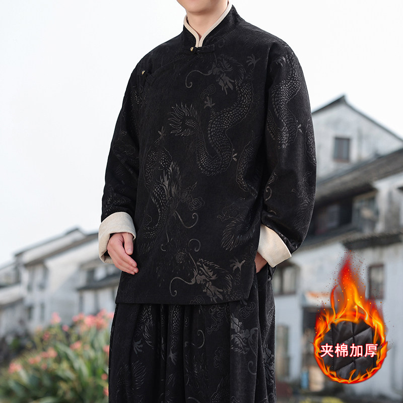 新中式S斜襟龙纹灯芯绒中山装夹棉加厚外套棉衣JK1020-P135控158,男装棉衣,电商A005