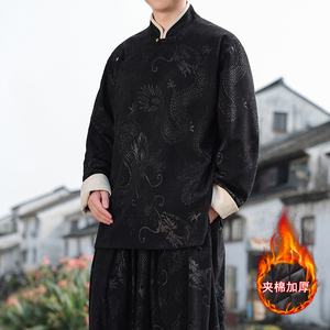 新中式S斜襟龙纹灯芯绒中山装夹棉加厚外套棉衣JK1020-P135控158图片