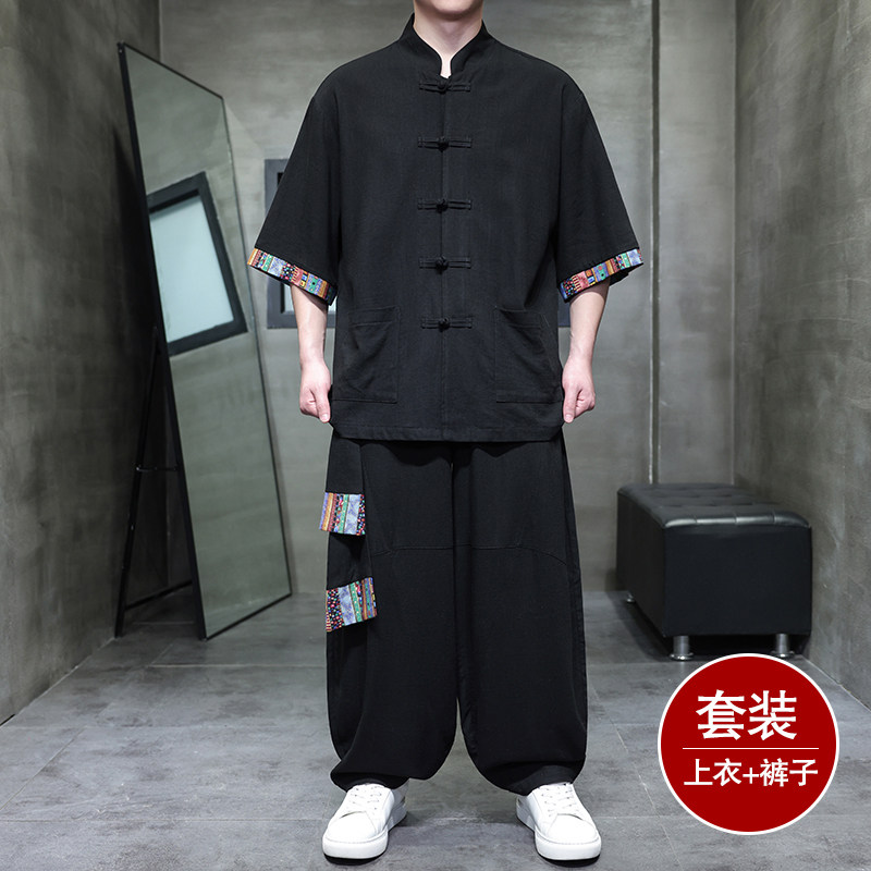 民族风I盘扣亚麻衬衫民族风棉麻阔腿裤套装男TZ163-P163控188,男装衬衫,电商A005