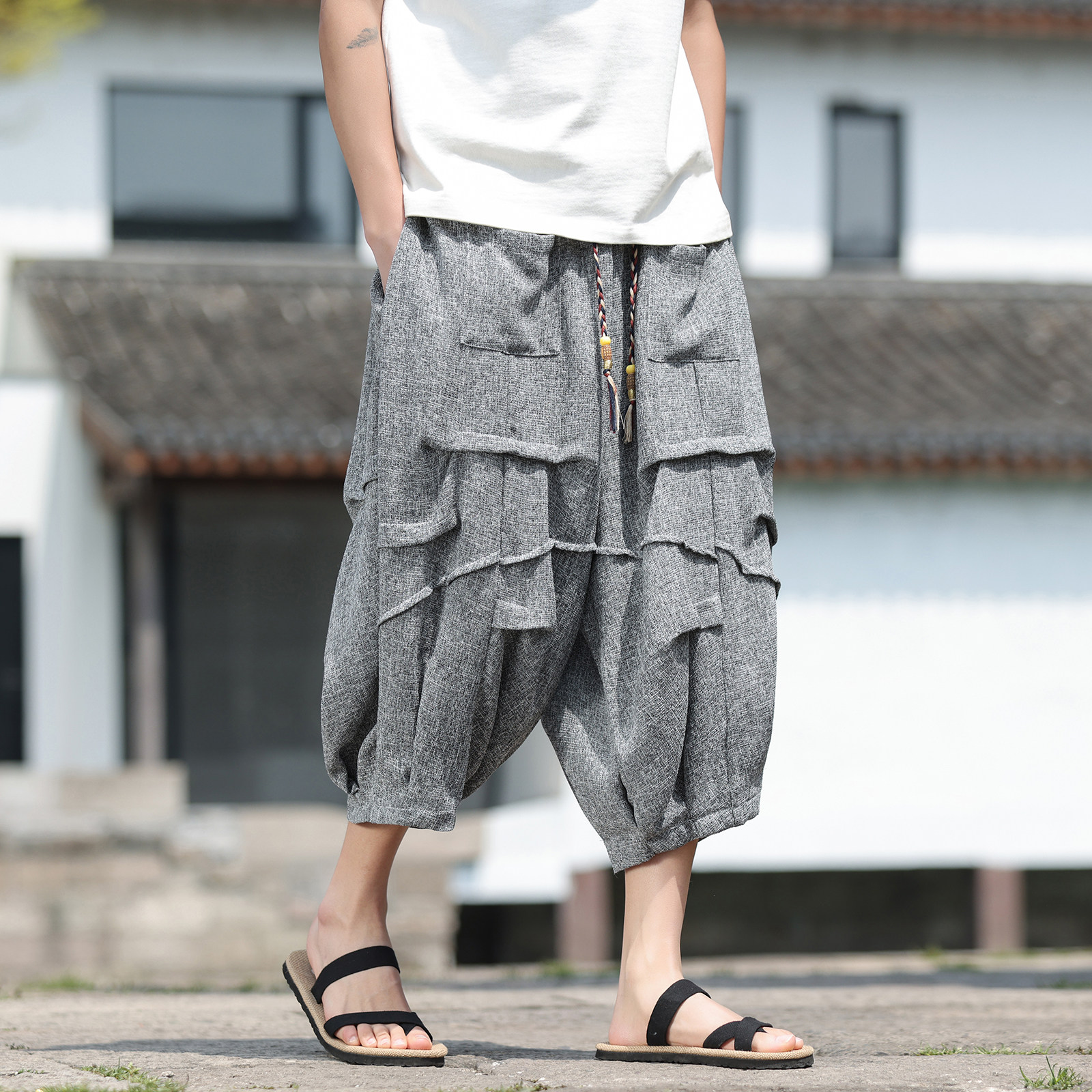风Q冰丝垂感折褶小众设计七分裤短裤阔腿裤男DK230-P60控88图片