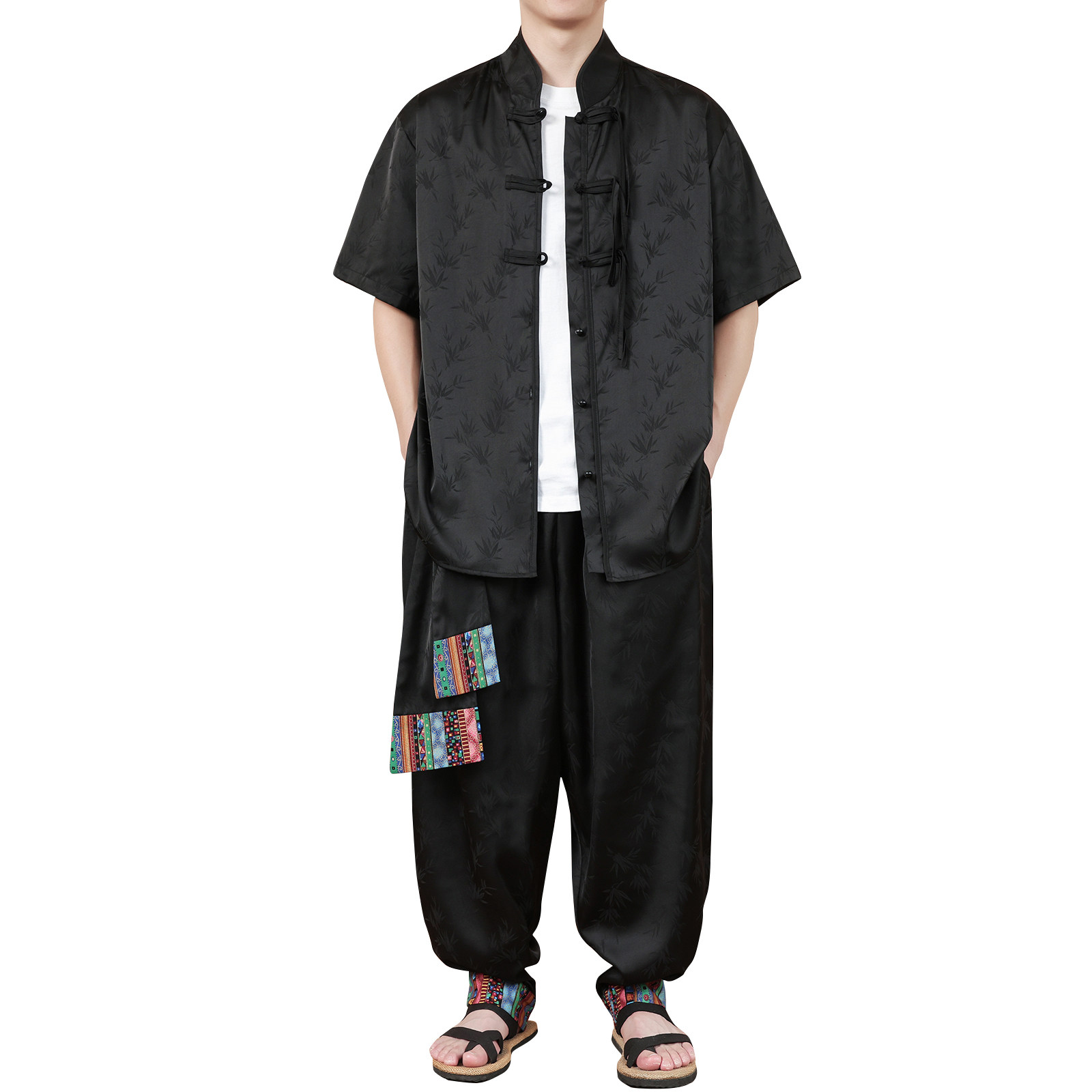 风E树叶暗纹提花冰丝短袖衬衫男飞鼠裤套装男TZ171-P136控158,男装休闲套装,电商A005