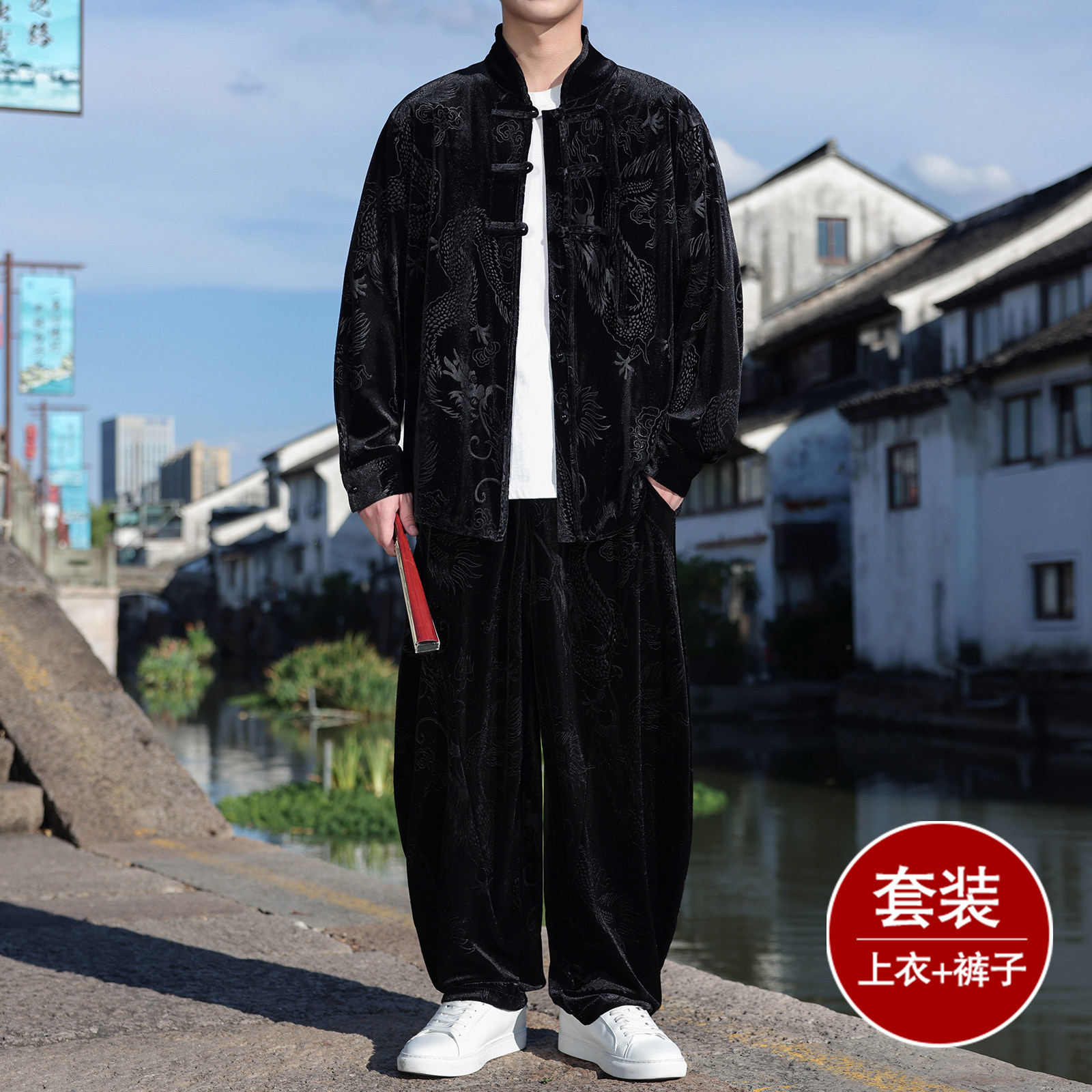 盘扣小众设计G龙纹金丝绒夹克阔腿裤风套装男TZ179-P136控158，男装休闲套装，电商A005