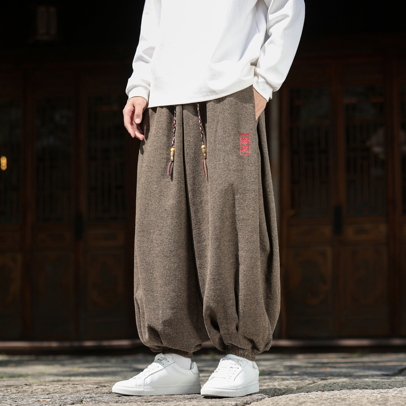 风T新中式保暖毛呢料刺绣古风大码阔腿束脚裤男K260-P78控98，男装棉衣，电商A005