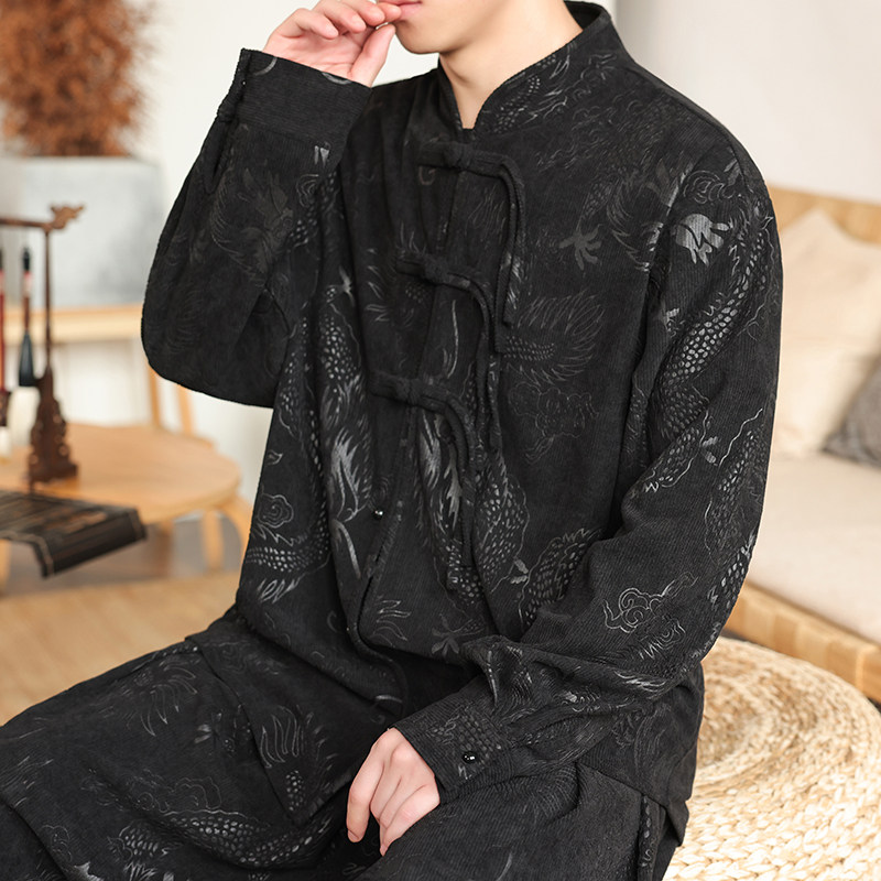 风新中式F盘扣龙纹暗花灯芯绒衬衫夹克外套男CS66-P68控88图片