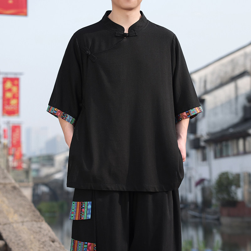 新中式E风斜襟盘扣亚麻拼色中山装中袖衬衫外套CS73-P68控88图片