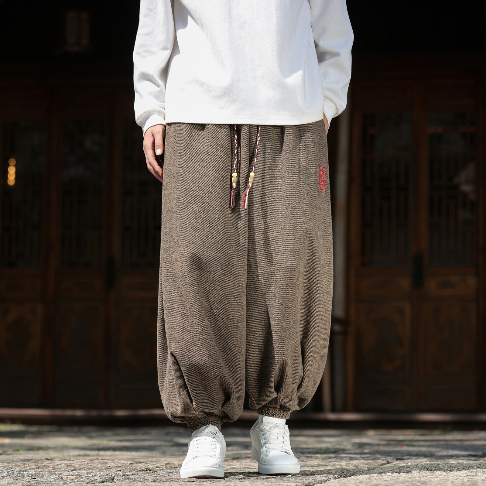 风T新中式保暖毛呢料刺绣古风大码阔腿束脚裤男K260-P78控98，男装棉衣，电商A005