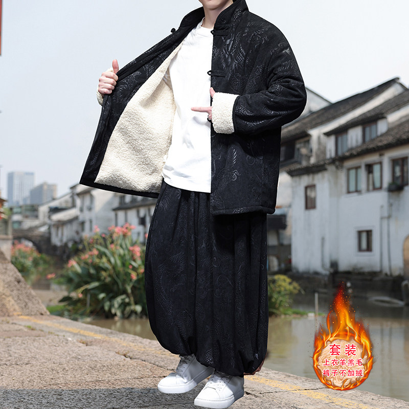 新中式AS龙纹灯芯绒羊羔毛夹克棉衣服保暖套装男TZ131-P203控228图片