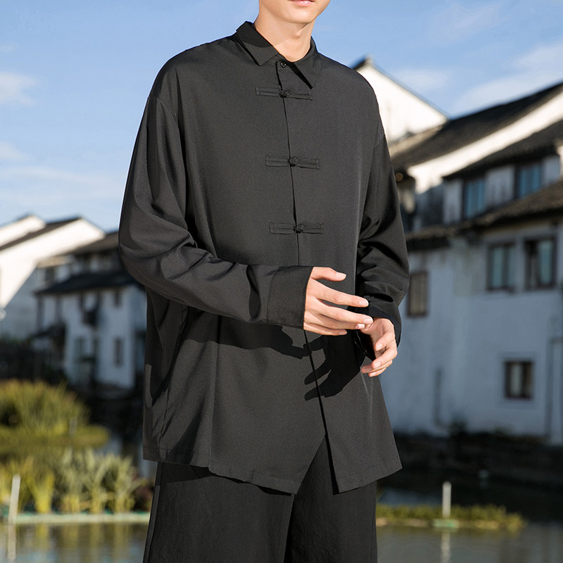 新中式F风暗黑盘扣设计感小众长袖冰丝衬衫t恤男CS07-P65控88,男装T恤,电商A005