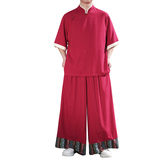 斜襟盘扣D亚麻中袖衬衫民族风复古裙裤阔腿裤套装TZ165-P176控198，男装衬衫，电商A005