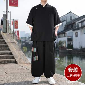 斜襟盘扣D亚麻中袖衬衫民族风演出阔腿裤套装男TZ166-P176控198图片