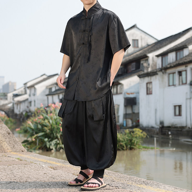 风D树叶暗纹提花冰丝衬衫男嘻哈飞鼠裤套装男TZ156-P136控158,男装衬衫,电商A005