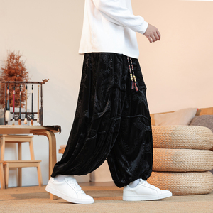 新中式G风金丝绒龙纹垂感折褶小众设计阔腿裤男K258-P78控98