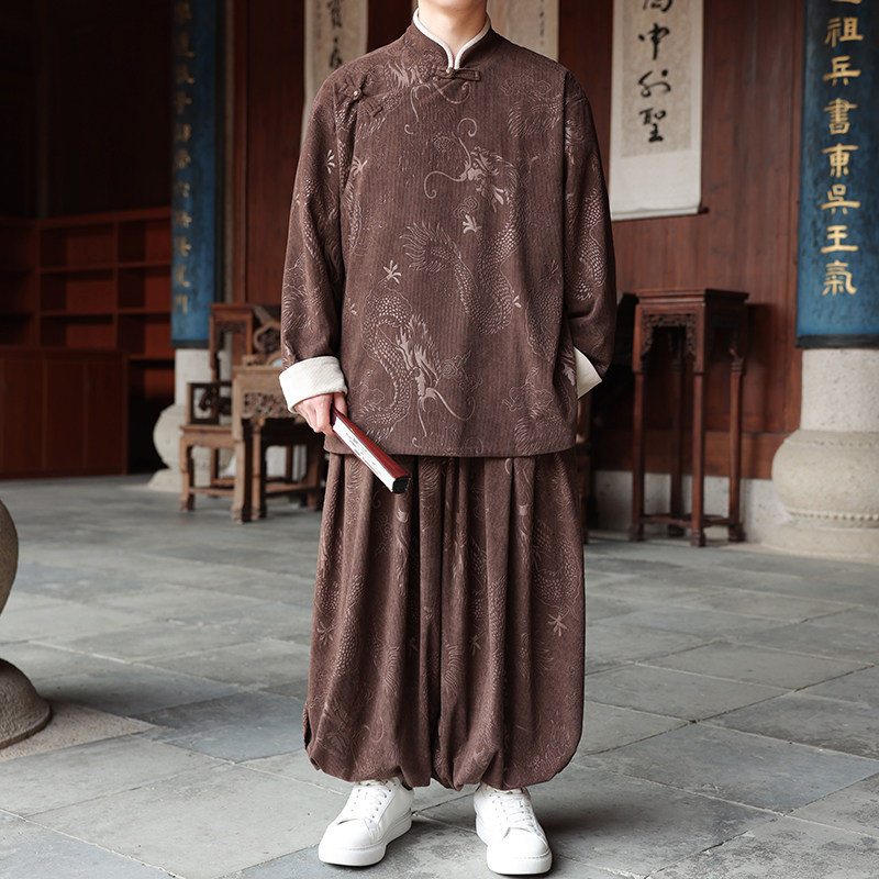 新中式AB龙纹灯芯绒中山装夹克外套束脚裤套装男TZ132-P173控198图片