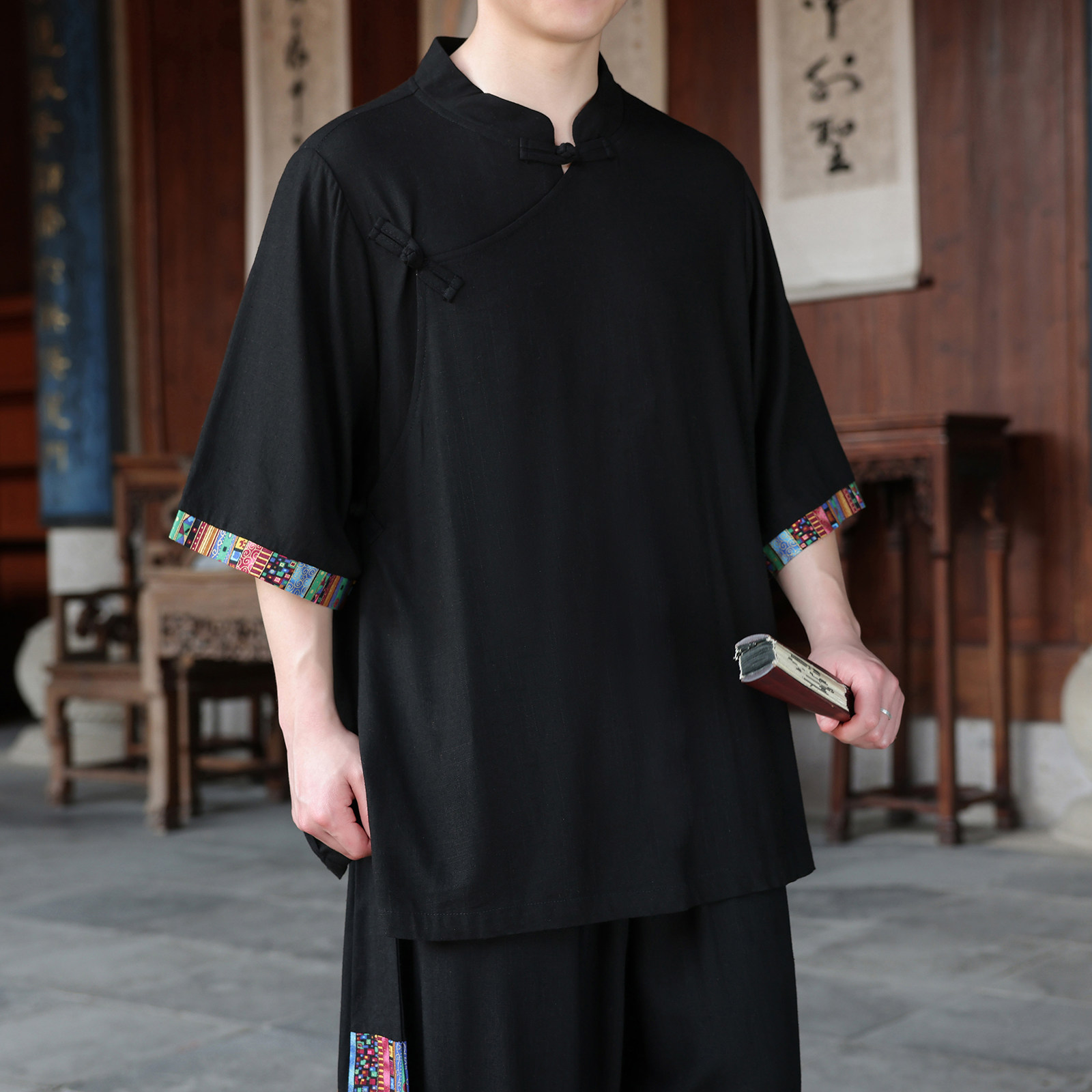 新中式I风斜襟盘扣亚麻拼色中山装中袖衬衫外套CS73-P68控88,男装衬衫,电商A005
