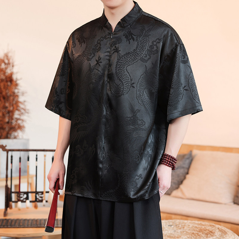 新中式B风小高领拉链领提花小众设计龙纹冰丝t恤T62-P70控98,男装T恤,电商A005