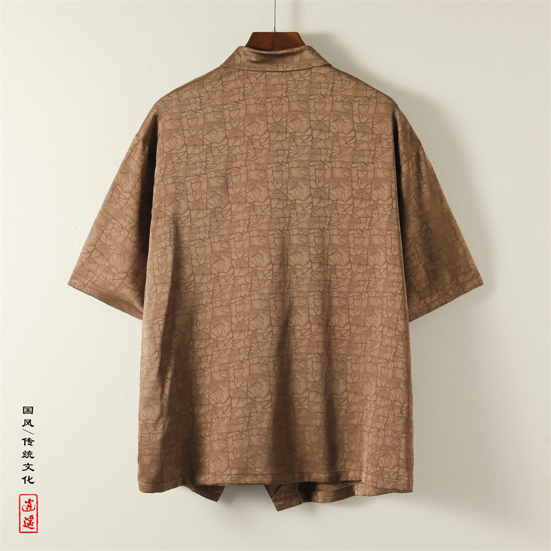 改良新中式H龟裂纹香云纱提花冰丝短袖盘扣衬衫男CS63-P68控88,男装T恤,电商A005