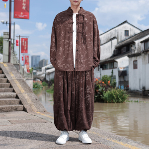 风盘扣C树叶暗花灯芯绒衬衫夹克束脚裤套装男TZ119-P136控158图片