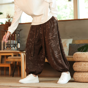 风新中式S保暖树叶印花纹灯芯绒阔腿束脚裤男K199-P68控88图片