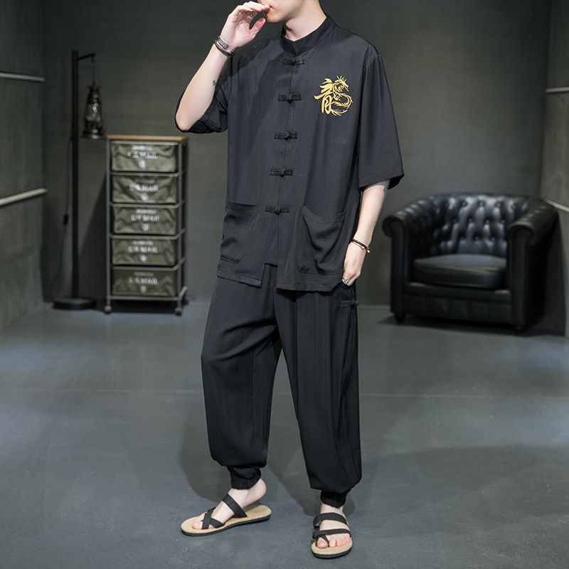 风盘扣冰丝龙刺绣A太极服装盘扣天丝上衣套装TZ08-P110控138，男装休闲套装，电商A005