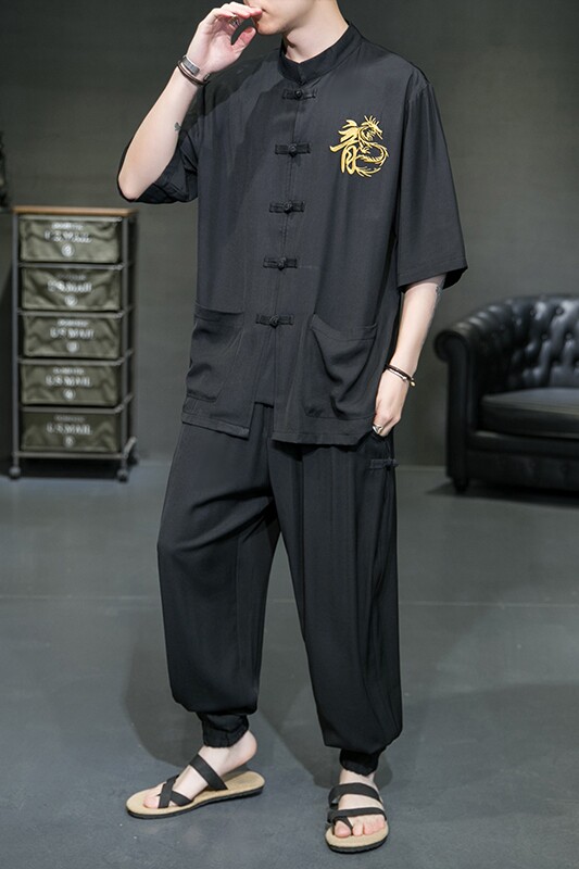 风盘扣冰丝龙刺绣A太极服装盘扣天丝上衣套装TZ08-P110控138,男装休闲套装,电商A005