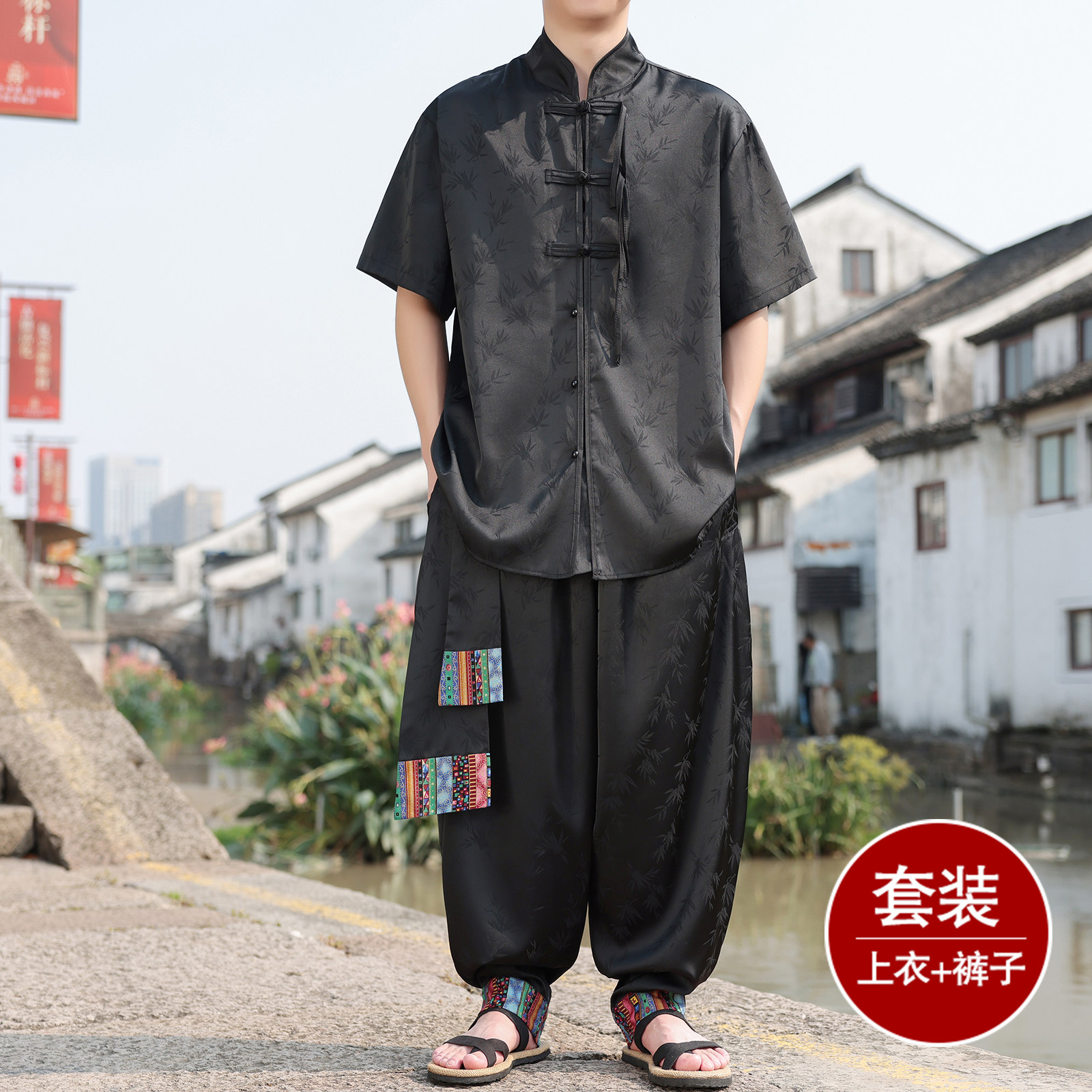 风G树叶暗纹提花冰丝短袖衬衫男飞鼠裤套装男TZ171-P136控158图片