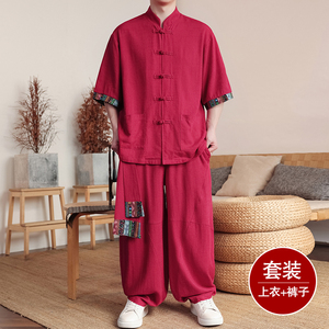 民族风P盘扣亚麻衬衫民族风棉麻阔腿裤套装男TZ163-P163控188图片