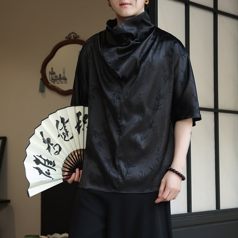 风J小高领堆堆领提花暗花小众设计树叶冰丝t恤T39-P65控88,男装T恤,电商A005