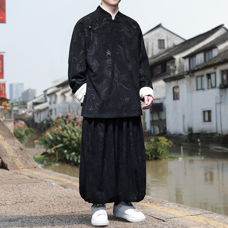 新中式AJ龙纹灯芯绒中山装夹克外套束脚裤套装男TZ132-P173控198,男装夹克,电商A005
